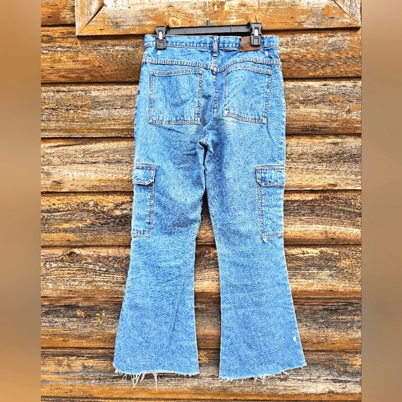 Vintage Y2k Zana Di Blue Denim Cargo Pocket Jeans Flare Distressed w/ Tie String - Picture 13 of 13